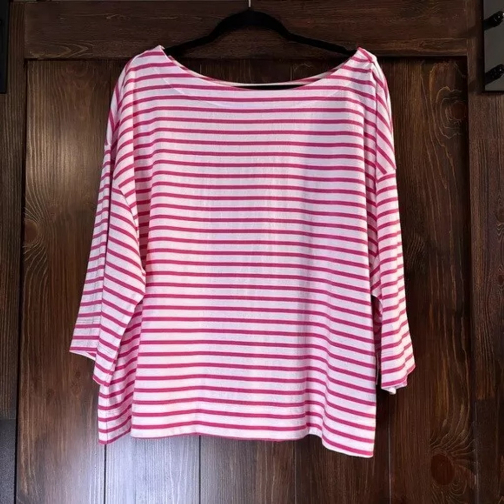 On 34th Plus Size Heavyweight Cotton Pink Striped Boat-Neck 3/4 Sleeve Top NWT - Picture 3 of 6